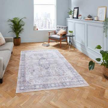 Washable Tabriz H1156 Traditional Vintage Distressed Medallion Border Textured Lightweight Printed Polyester Flatweave Beige Rug-Think Rugs-Rug Love - The Most Loved Rug Store